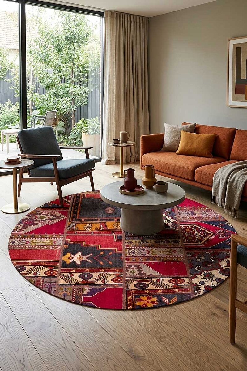 Patchwork Desenli Yıkanabilir Pamuk Taban Dijital Baskılı Yuvarlak Halı Kırmızı 