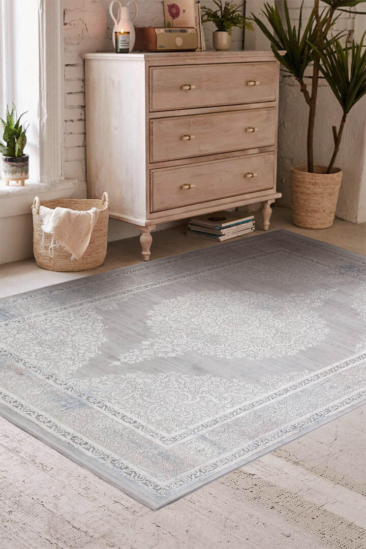 Premium Harmony Viskon Klasik Desenli Göbekli Halı 12995 Mavi - Frenda