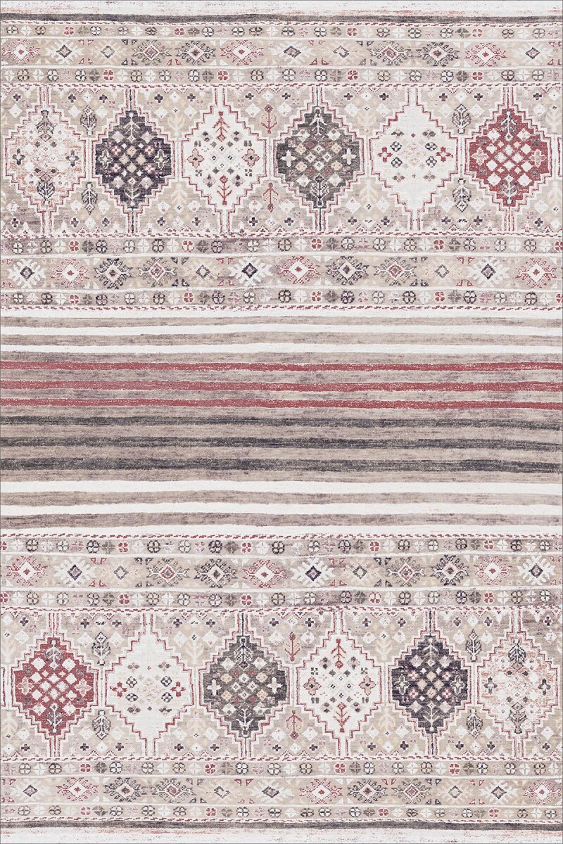 Şal Desen Pamuk Taban Yıkanabilir Dekoratif Halı Krem - Frenda