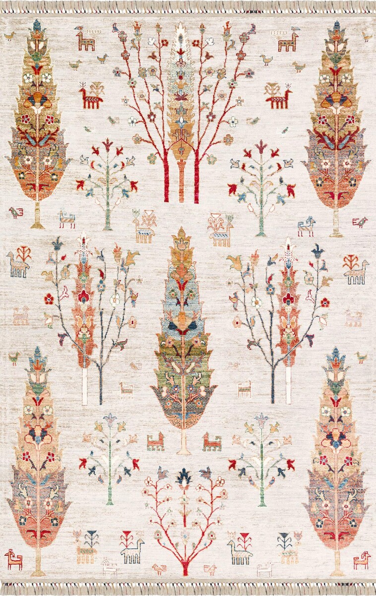 Şal Desenli Dokuma Pamuk Taban Dijital Dekoratif Halı Krem 