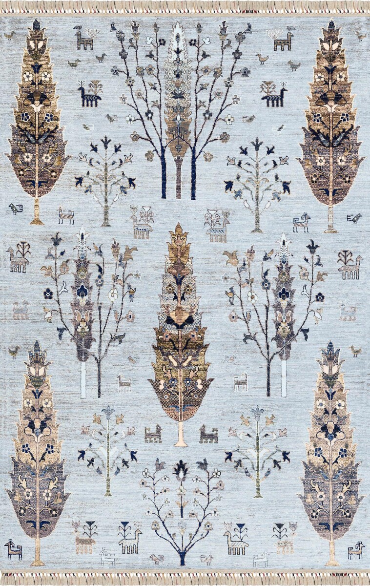 Şal Desenli Dokuma Pamuk Taban Dijital Dekoratif Halı Mavi 