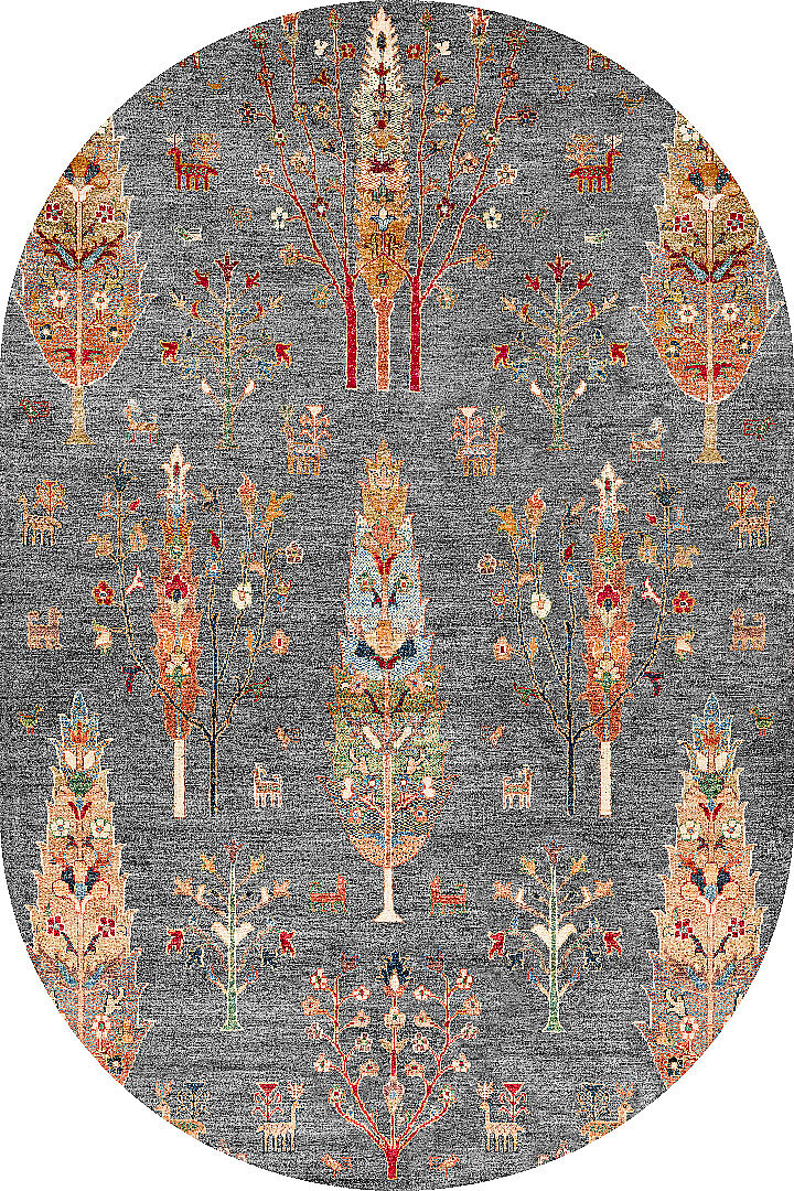 Şal Desenli Dokuma Pamuk Taban Dijital Dekoratif Oval Halı Gri 