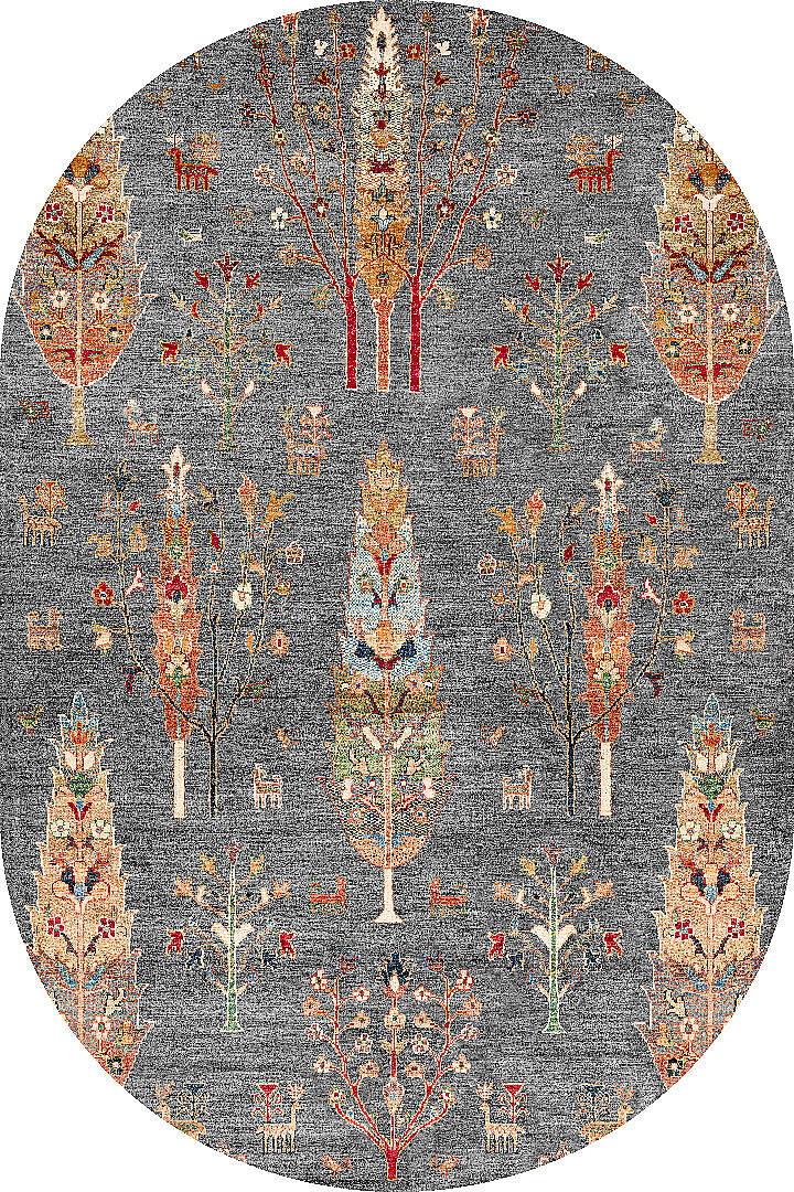 Şal Desenli Dokuma Pamuk Taban Dijital Dekoratif Oval Halı Gri - 1