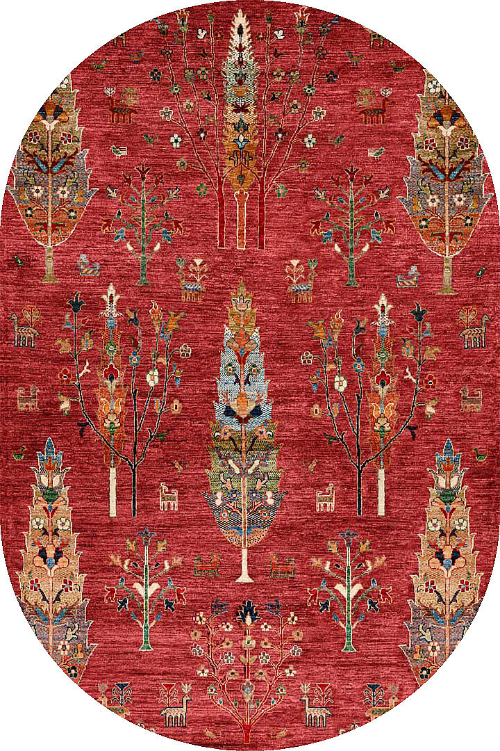 Şal Desenli Dokuma Pamuk Taban Dijital Dekoratif Oval Halı Kırmızı 