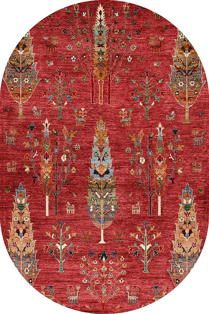 Şal Desenli Dokuma Pamuk Taban Dijital Dekoratif Oval Halı Kırmızı - 1