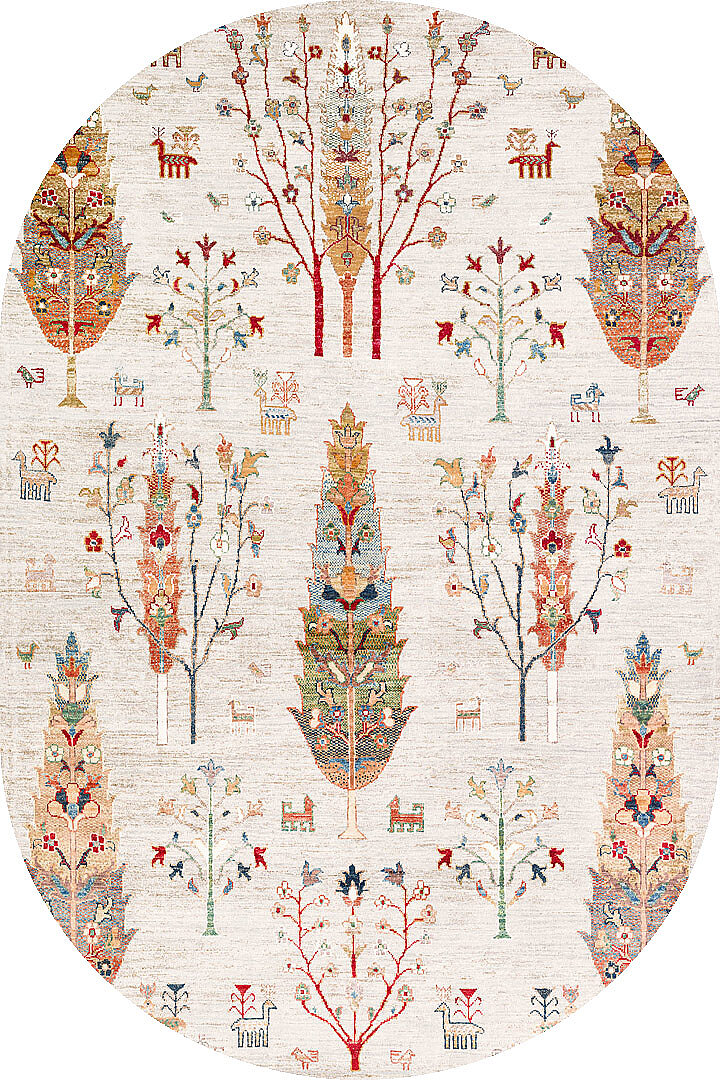 Şal Desenli Dokuma Pamuk Taban Dijital Dekoratif Oval Halı Krem 