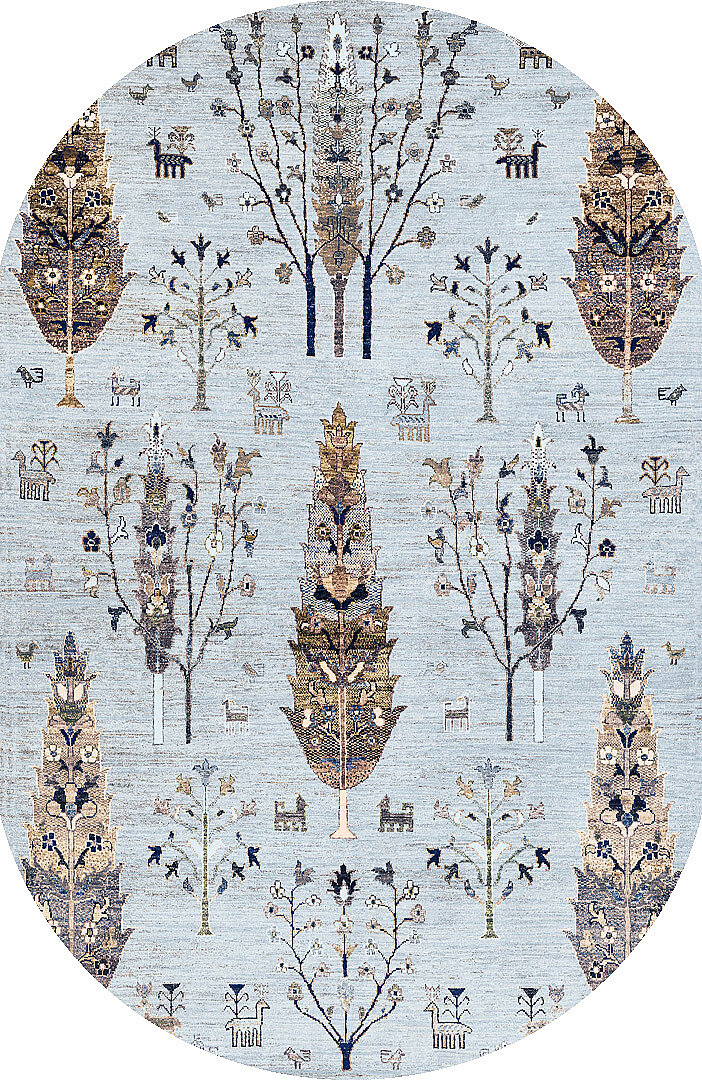 Şal Desenli Dokuma Pamuk Taban Dijital Dekoratif Oval Halı Mavi 