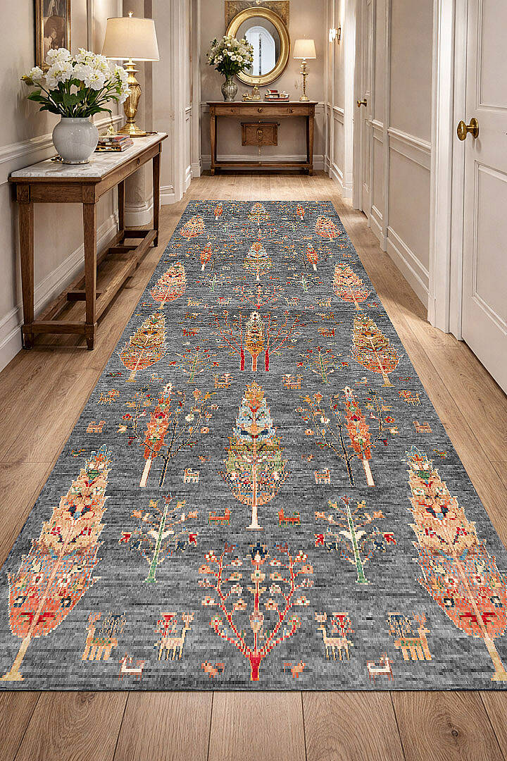 Şal Desenli Dokuma Pamuk Taban Dijital Dekoratif Yolluk Halı Gri - 1