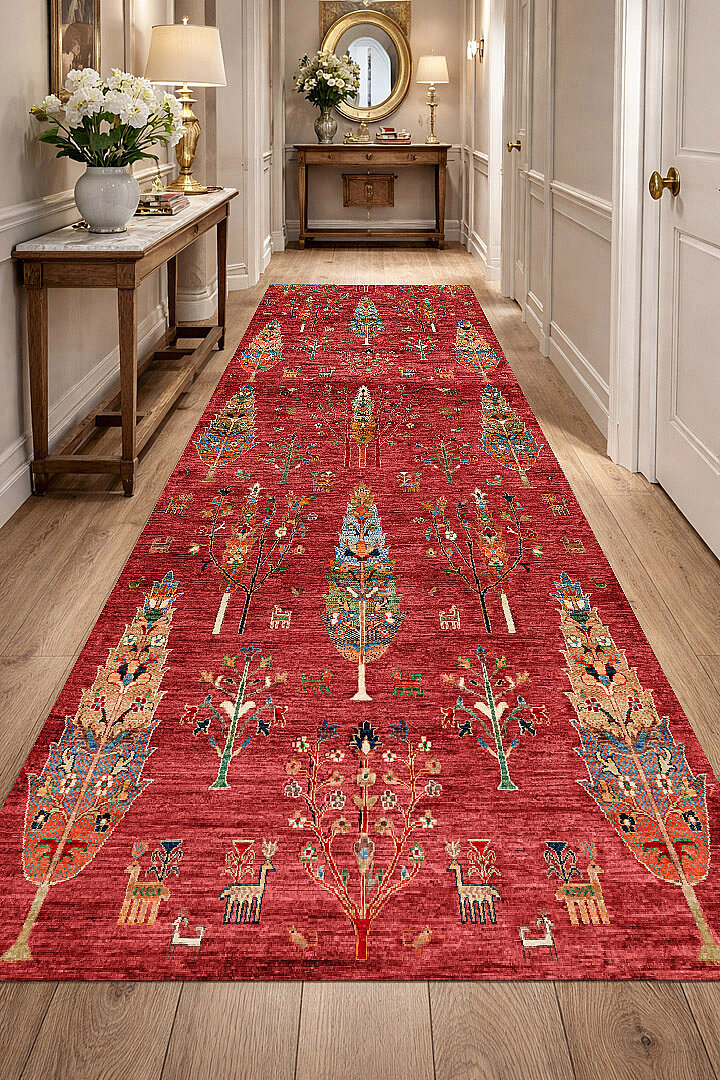 Şal Desenli Dokuma Pamuk Taban Dijital Dekoratif Yolluk Halı Kırmızı 