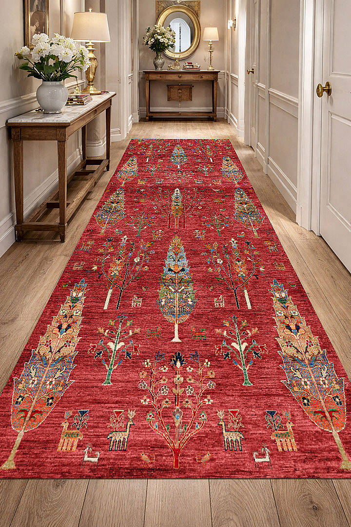 Şal Desenli Dokuma Pamuk Taban Dijital Dekoratif Yolluk Halı Kırmızı - 1