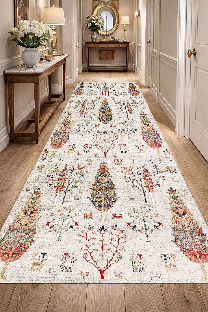 Şal Desenli Dokuma Pamuk Taban Dijital Dekoratif Yolluk Halı Krem 