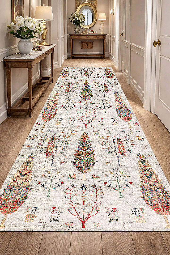 Şal Desenli Dokuma Pamuk Taban Dijital Dekoratif Yolluk Halı Krem - 1