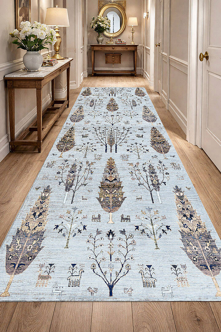 Şal Desenli Dokuma Pamuk Taban Dijital Dekoratif Yolluk Halı Mavi - 1