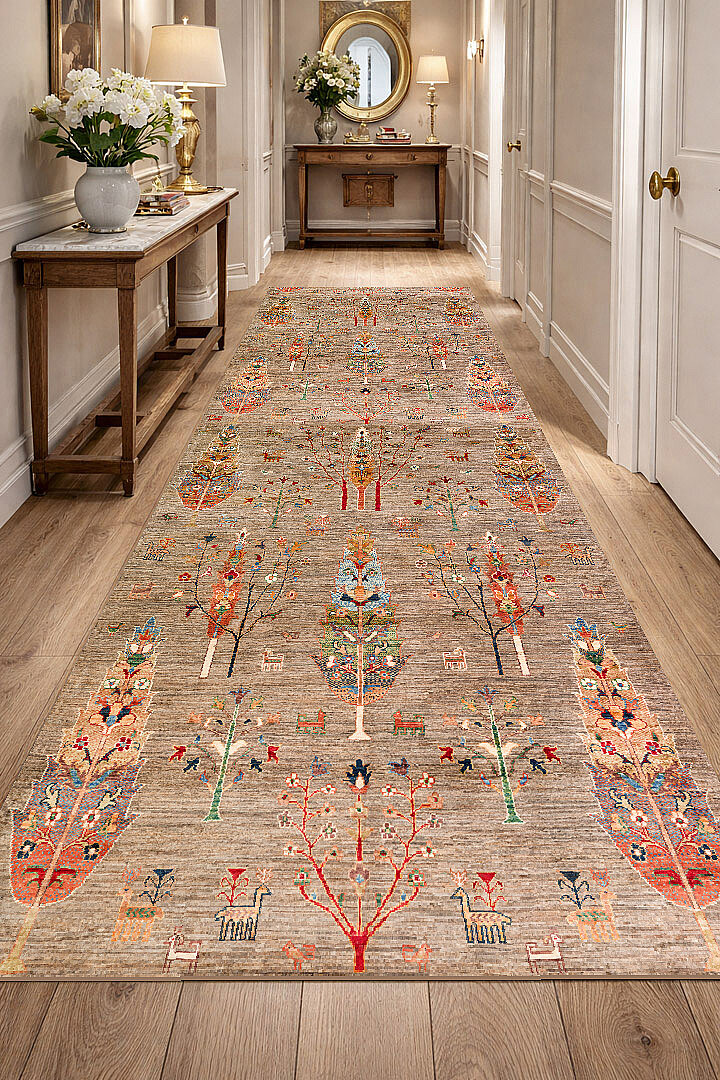 Şal Desenli Dokuma Pamuk Taban Dijital Dekoratif Yolluk Halı Vizon 