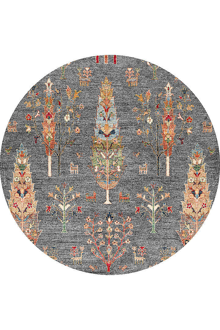 Şal Desenli Dokuma Pamuk Taban Dijital Dekoratif Yuvarlak Halı Gri - 1