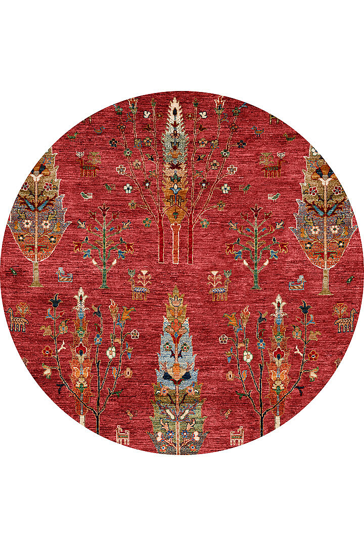 Şal Desenli Dokuma Pamuk Taban Dijital Dekoratif Yuvarlak Halı Kırmızı 