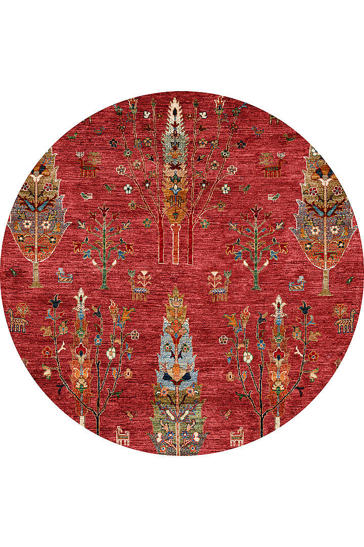 Şal Desenli Dokuma Pamuk Taban Dijital Dekoratif Yuvarlak Halı Kırmızı - 1