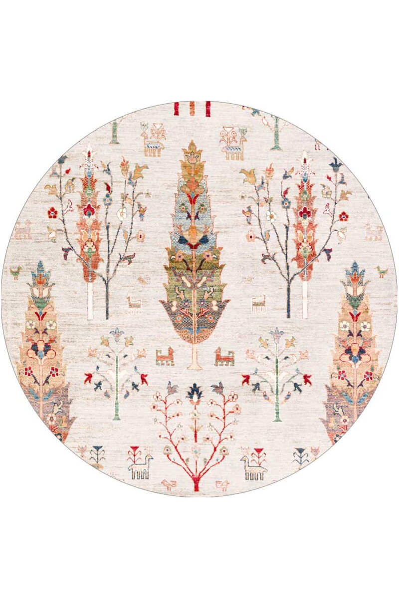 Şal Desenli Dokuma Pamuk Taban Dijital Dekoratif Yuvarlak Halı Krem - Frenda