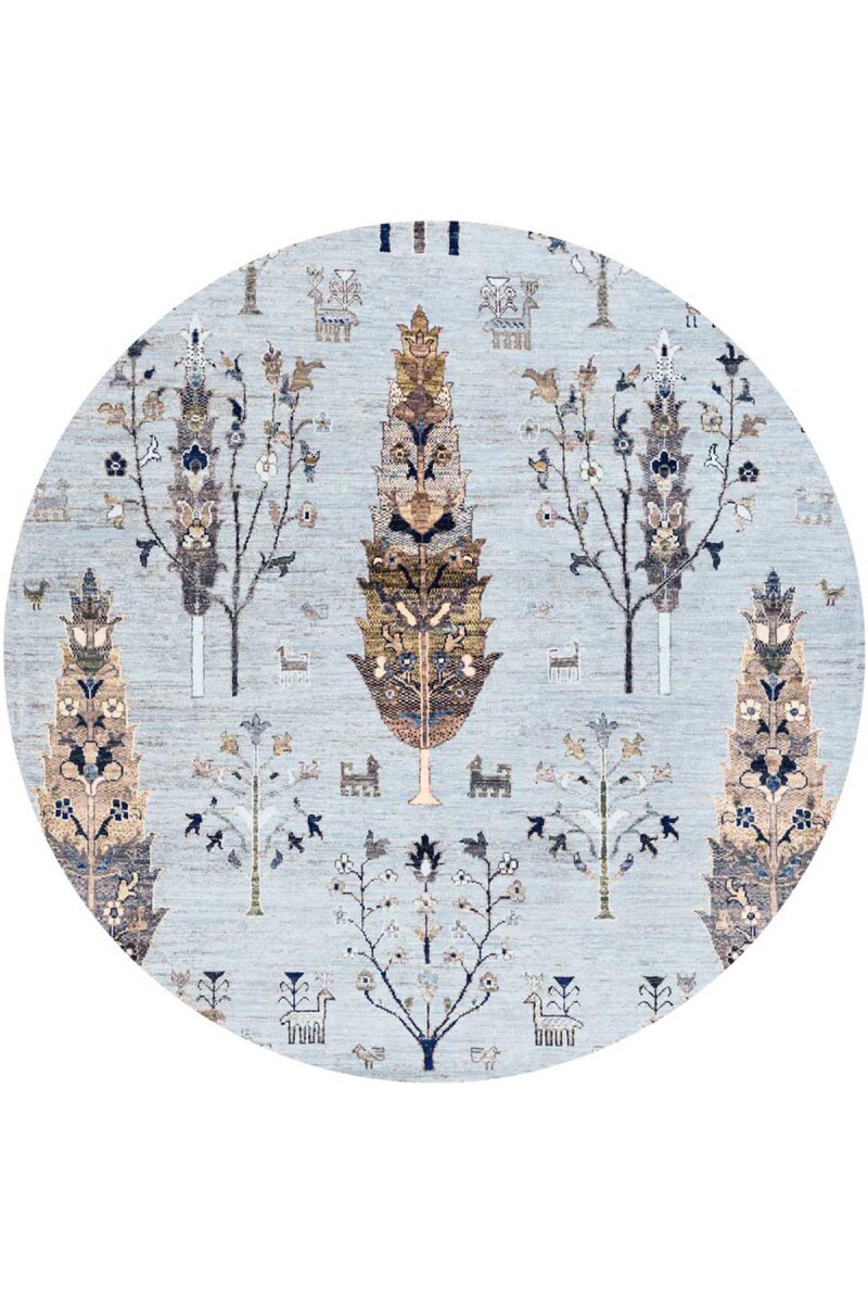 Şal Desenli Dokuma Pamuk Taban Dijital Dekoratif Yuvarlak Halı Mavi - Frenda