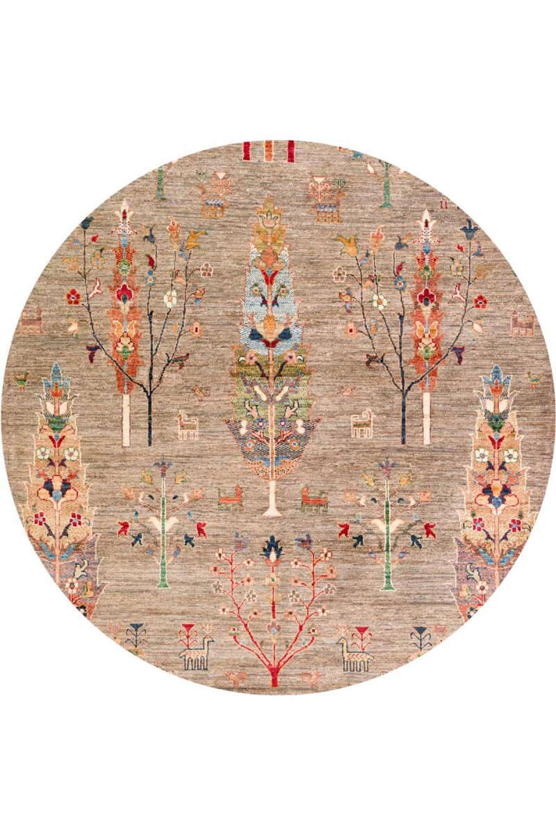 Şal Desenli Dokuma Pamuk Taban Dijital Dekoratif Yuvarlak Halı Vizon - Frenda