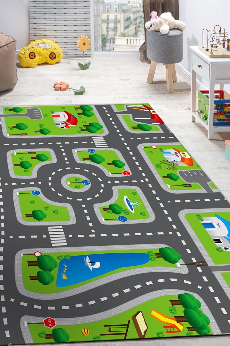 Trafik Desenli Kaymaz Deri Taban Oyun Halısı - Frenda