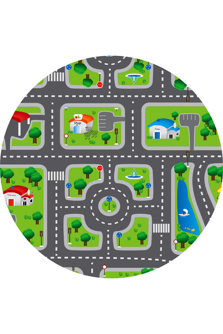 Trafik Desenli Kaymaz Deri Taban Yuvarlak Oyun Halısı 