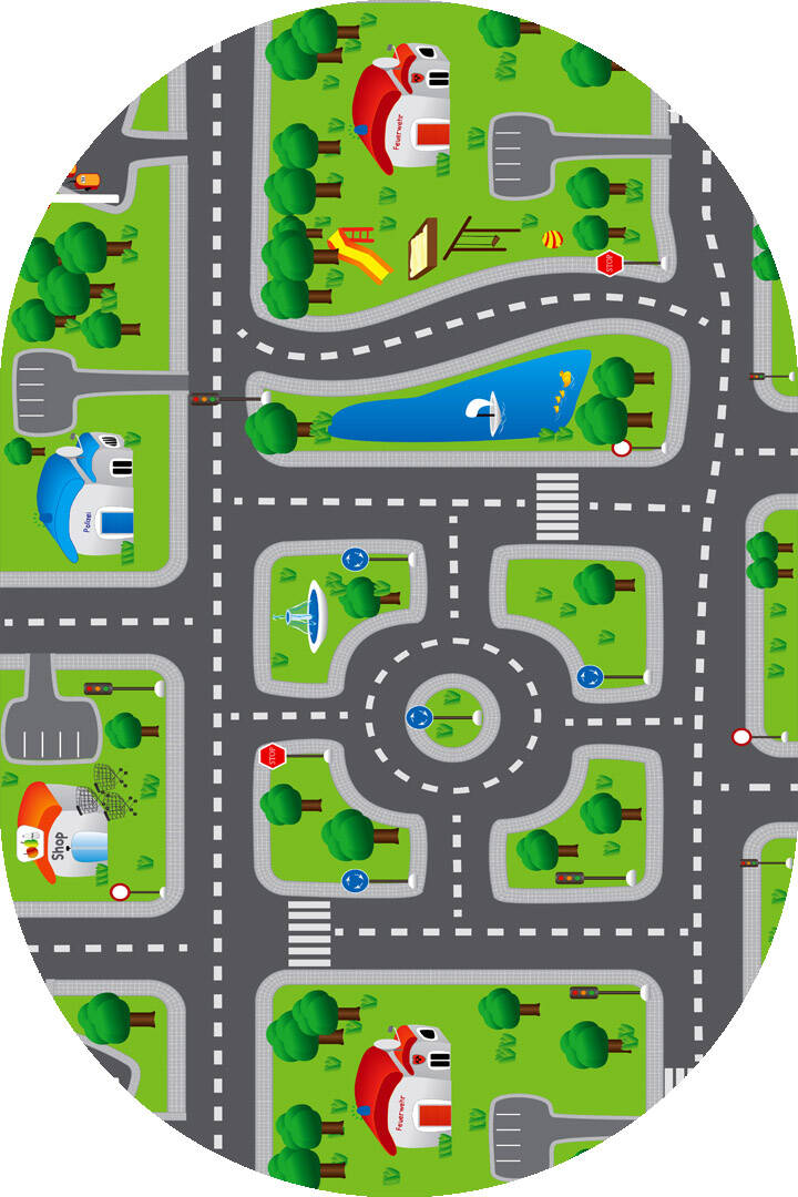 Trafik Desenli Pamuk Taban Baskılı Yıkanabilir Oval Oyun Halısı - 1