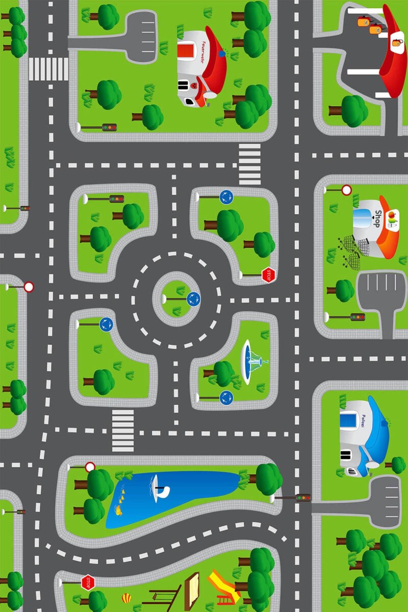 Trafik Desenli Pamuk Taban Baskılı Yıkanabilir Oyun Halısı - Frenda (1)