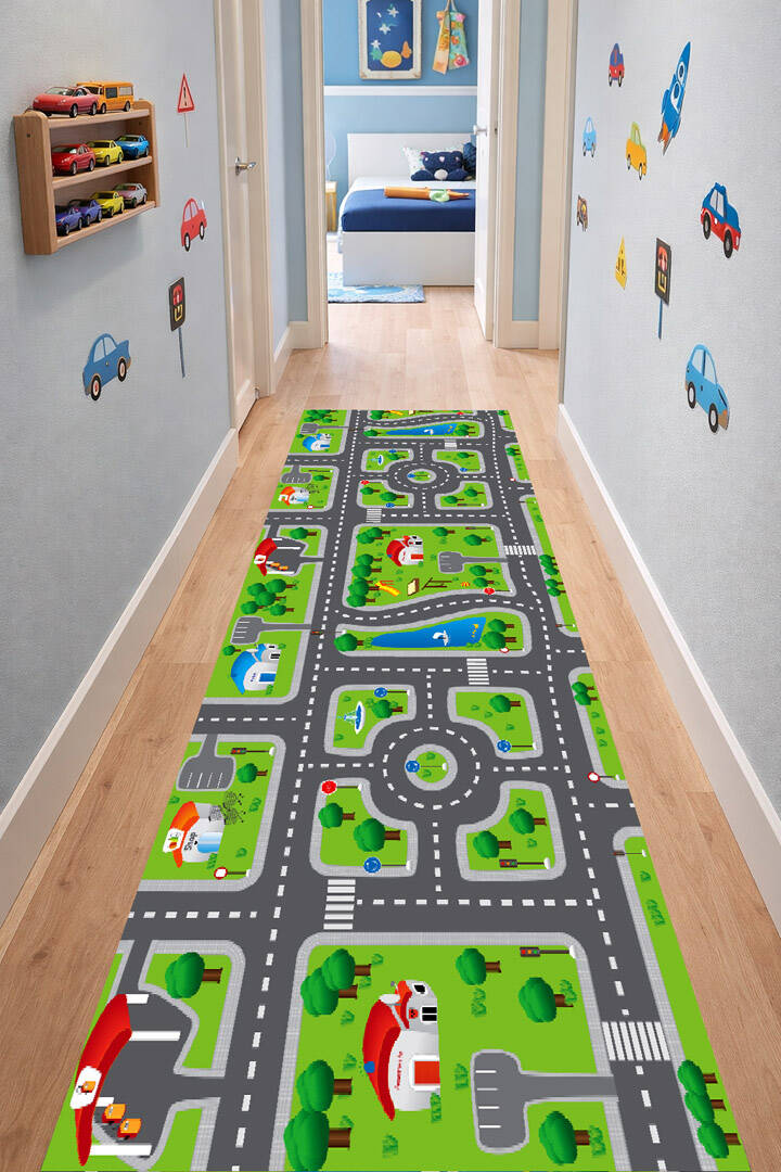 Trafik Desenli Pamuk Taban Oyun Özel Ölçü Kesme Yolluk Halı - 1