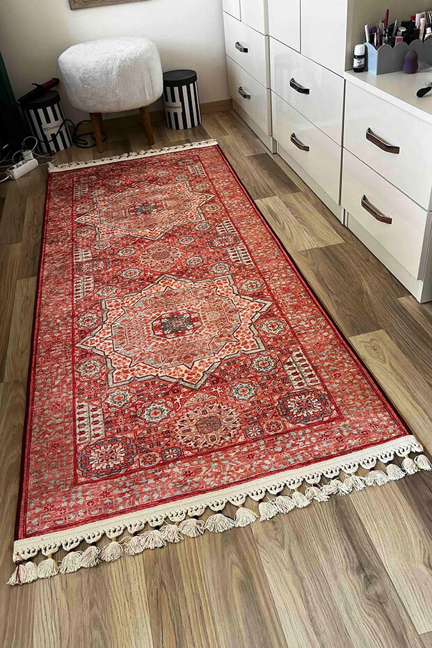 Vintage Desen Pamuk Taban Baskılı Halı - 8