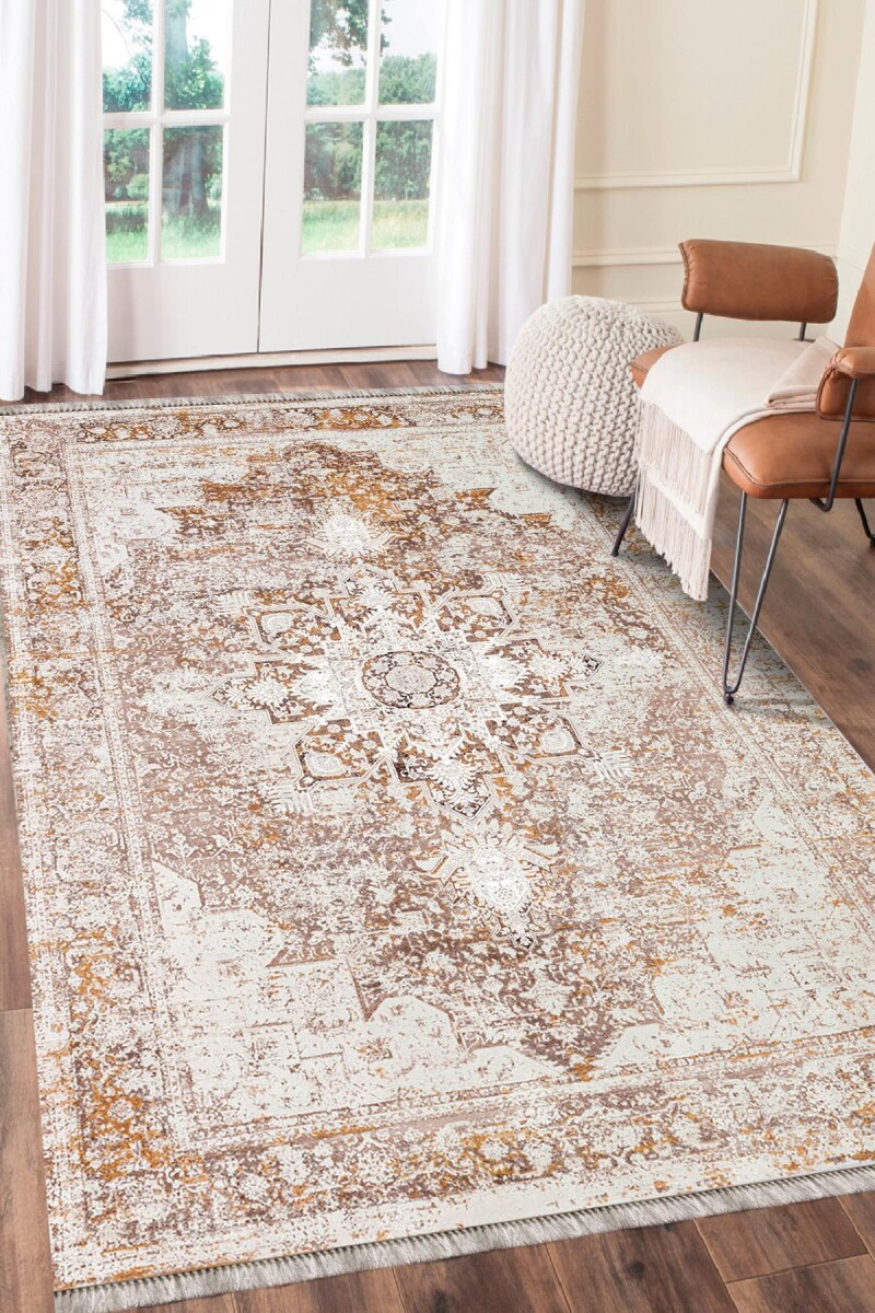 Vintage Desen Pamuk Taban Dijital Baskılı Halı Bej - Frenda