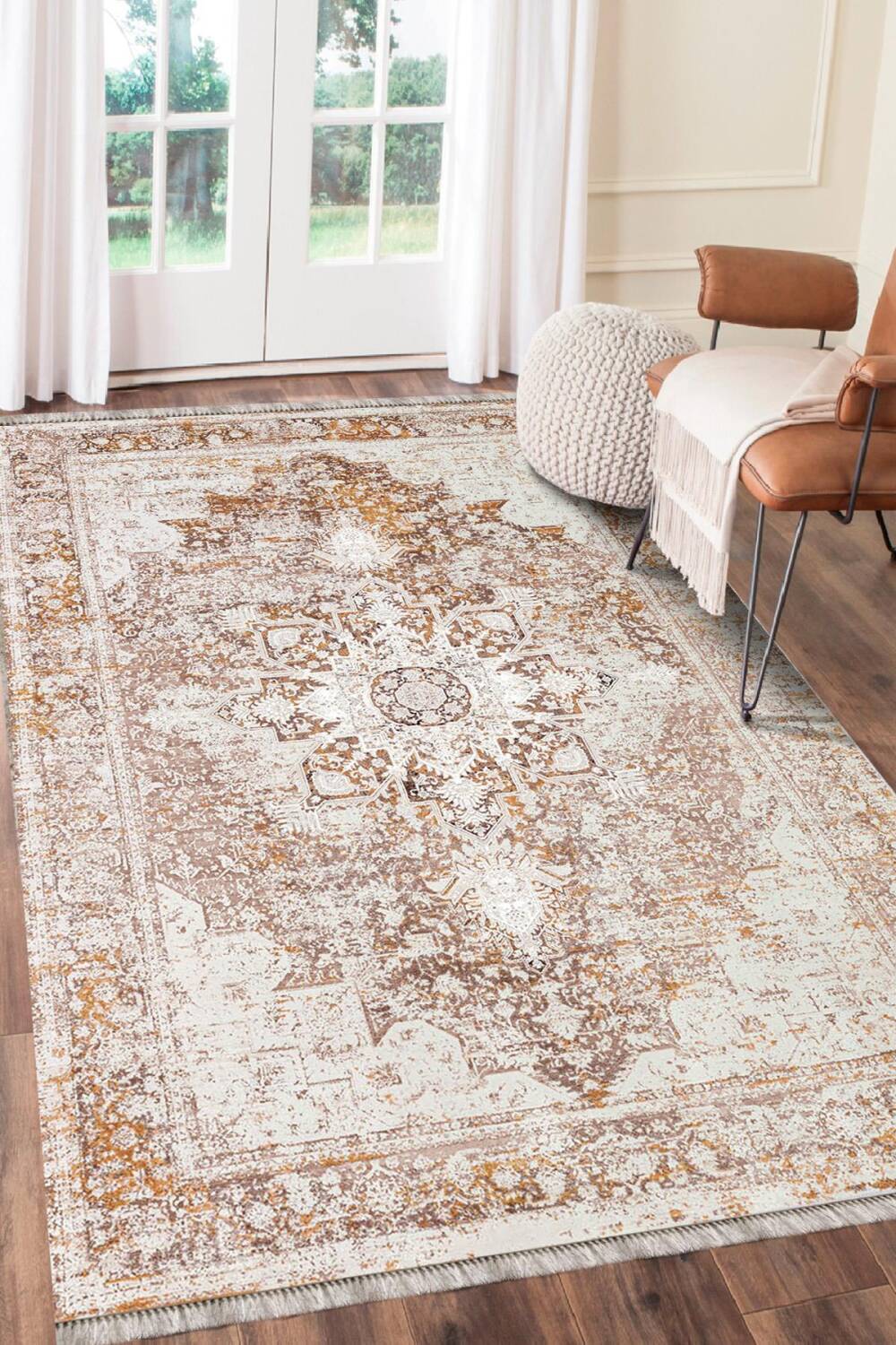 Vintage Desen Pamuk Taban Dijital Baskılı Halı Bej - 1