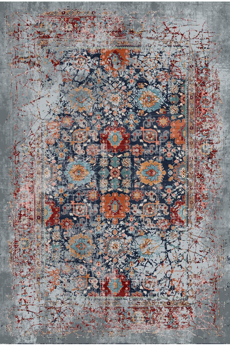 Vintage Desen Pamuk Taban Dijital Baskılı Yıkanabilir Halı Gri - Frenda