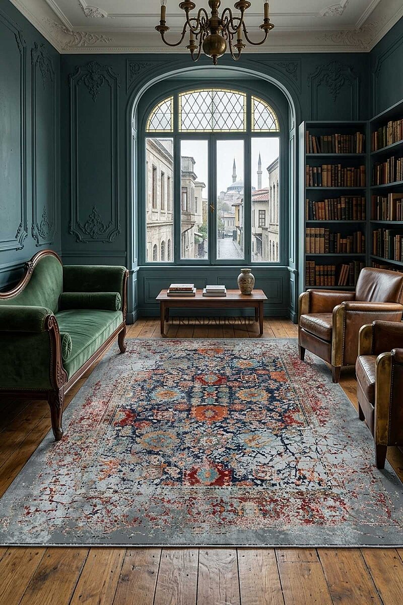 Vintage Desen Pamuk Taban Dijital Baskılı Yıkanabilir Halı Gri - Frenda