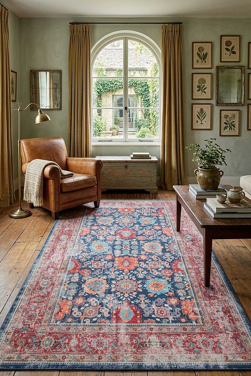 Vintage Desen Pamuk Taban Dijital Baskılı Yıkanabilir Halı Lacivert - Frenda