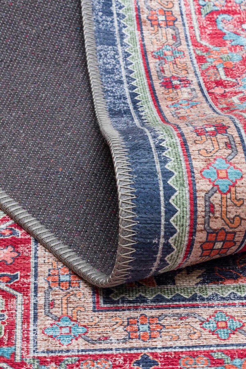 Vintage Desen Pamuk Taban Dijital Baskılı Yıkanabilir Oval Halı Lacivert - 3