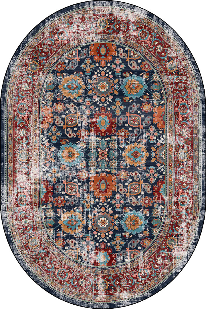 Vintage Desen Pamuk Taban Dijital Baskılı Yıkanabilir Oval Halı Lacivert - Frenda