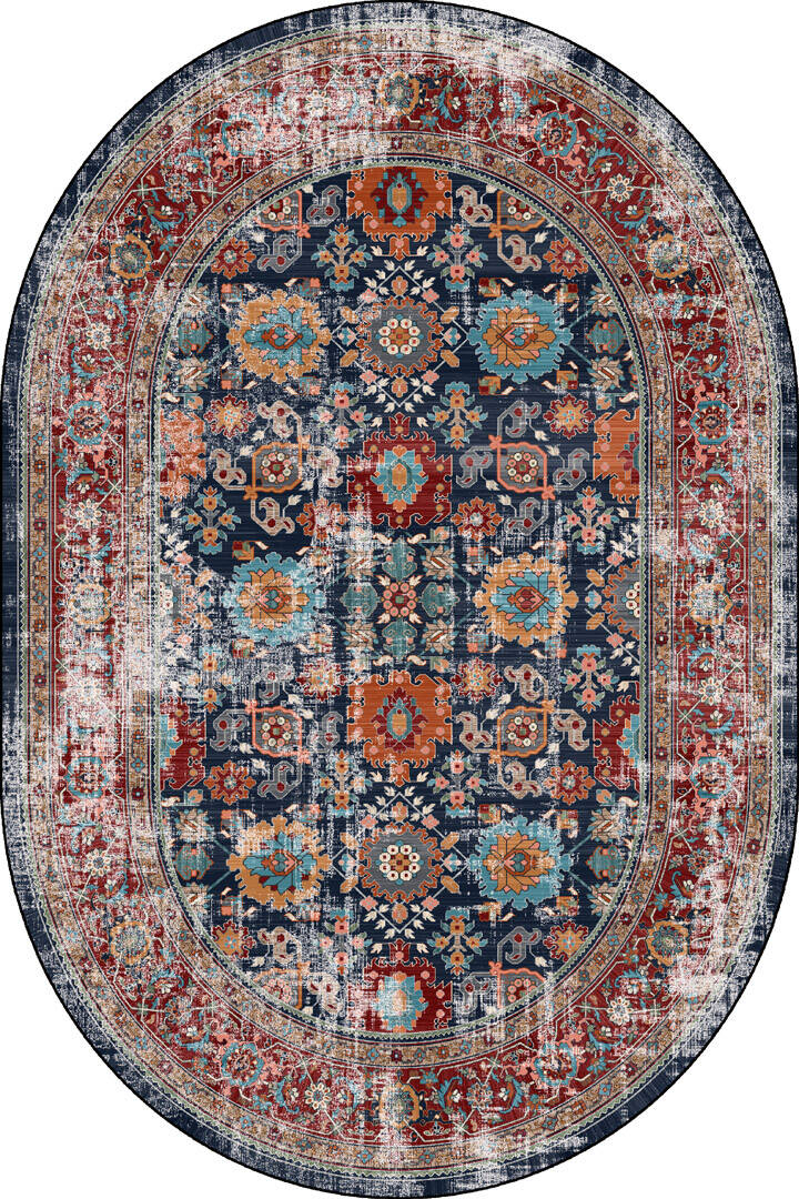 Vintage Desen Pamuk Taban Dijital Baskılı Yıkanabilir Oval Halı Lacivert - 1