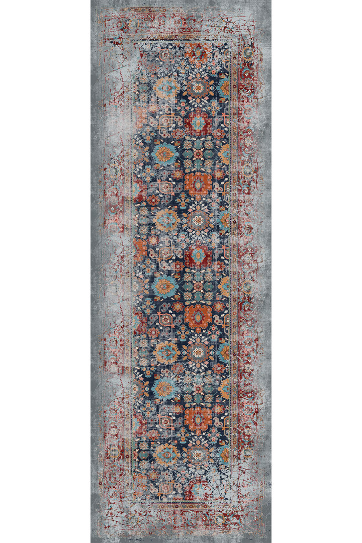 Vintage Desen Pamuk Taban Dijital Baskılı Yıkanabilir Özel Ölçü Yolluk Halı Gri - Frenda (1)