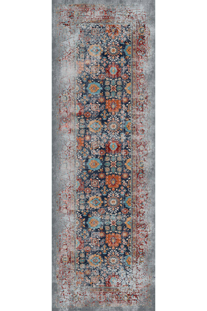 Vintage Desen Pamuk Taban Dijital Baskılı Yıkanabilir Özel Ölçü Yolluk Halı Gri - 2