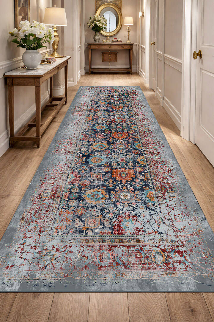 Vintage Desen Pamuk Taban Dijital Baskılı Yıkanabilir Özel Ölçü Yolluk Halı Gri - 1