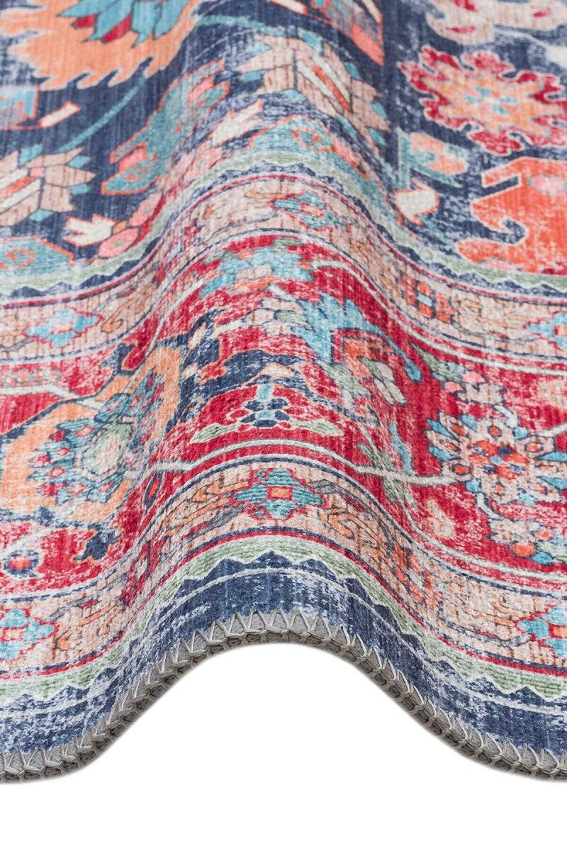 Vintage Desen Pamuk Taban Dijital Baskılı Yıkanabilir Özel Ölçü Yolluk Halı Lacivert - 3