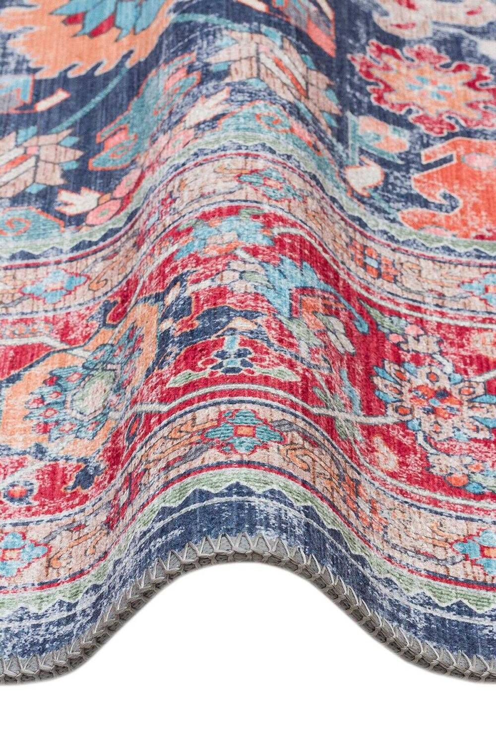 Vintage Desen Pamuk Taban Dijital Baskılı Yıkanabilir Özel Ölçü Yolluk Halı Lacivert - 3