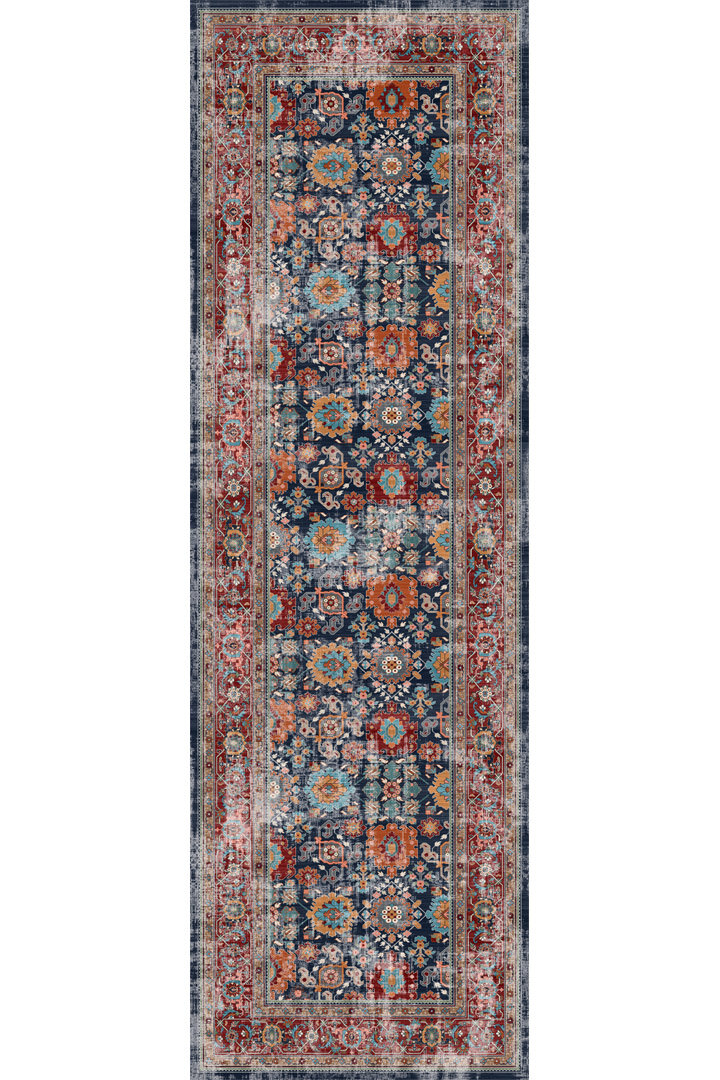 Vintage Desen Pamuk Taban Dijital Baskılı Yıkanabilir Özel Ölçü Yolluk Halı Lacivert - Frenda (1)