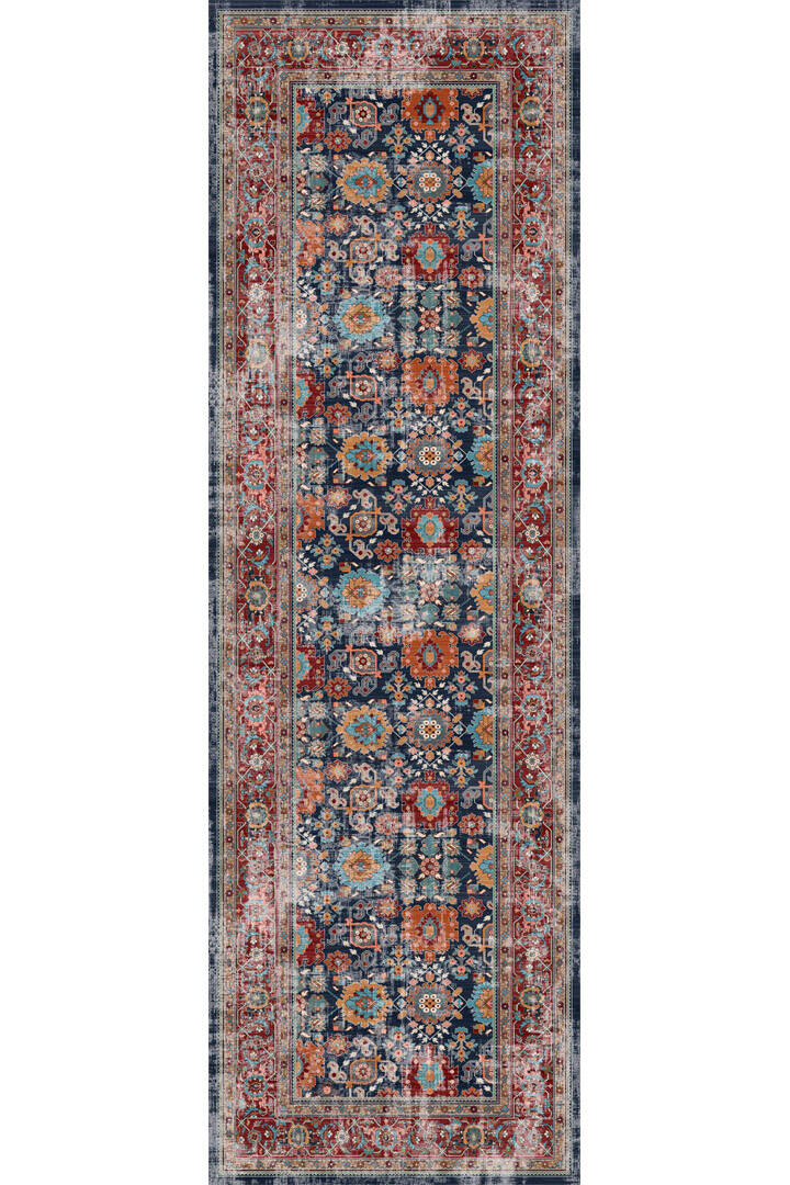 Vintage Desen Pamuk Taban Dijital Baskılı Yıkanabilir Özel Ölçü Yolluk Halı Lacivert - 2