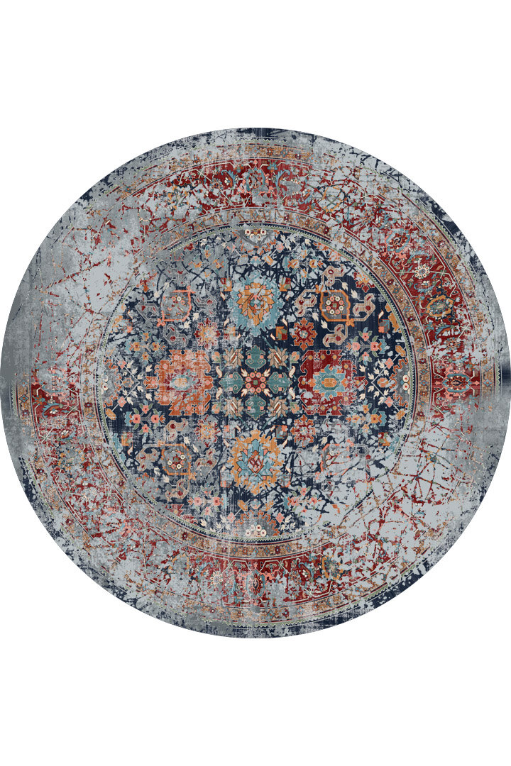 Vintage Desen Pamuk Taban Dijital Baskılı Yıkanabilir Yuvarlak Halı Gri - Frenda