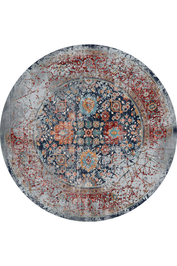 Vintage Desen Pamuk Taban Dijital Baskılı Yıkanabilir Yuvarlak Halı Gri - 1
