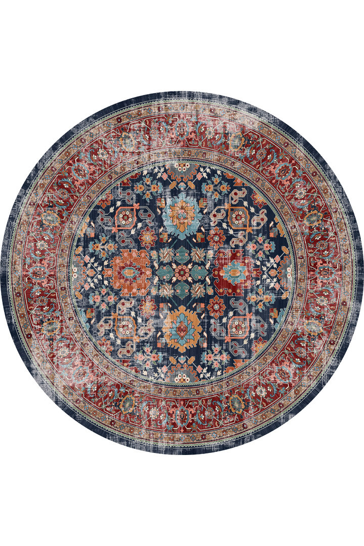 Vintage Desen Pamuk Taban Dijital Baskılı Yıkanabilir Yuvarlak Halı Lacivert - Frenda