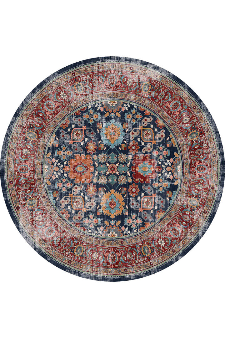 Vintage Desen Pamuk Taban Dijital Baskılı Yıkanabilir Yuvarlak Halı Lacivert - 1