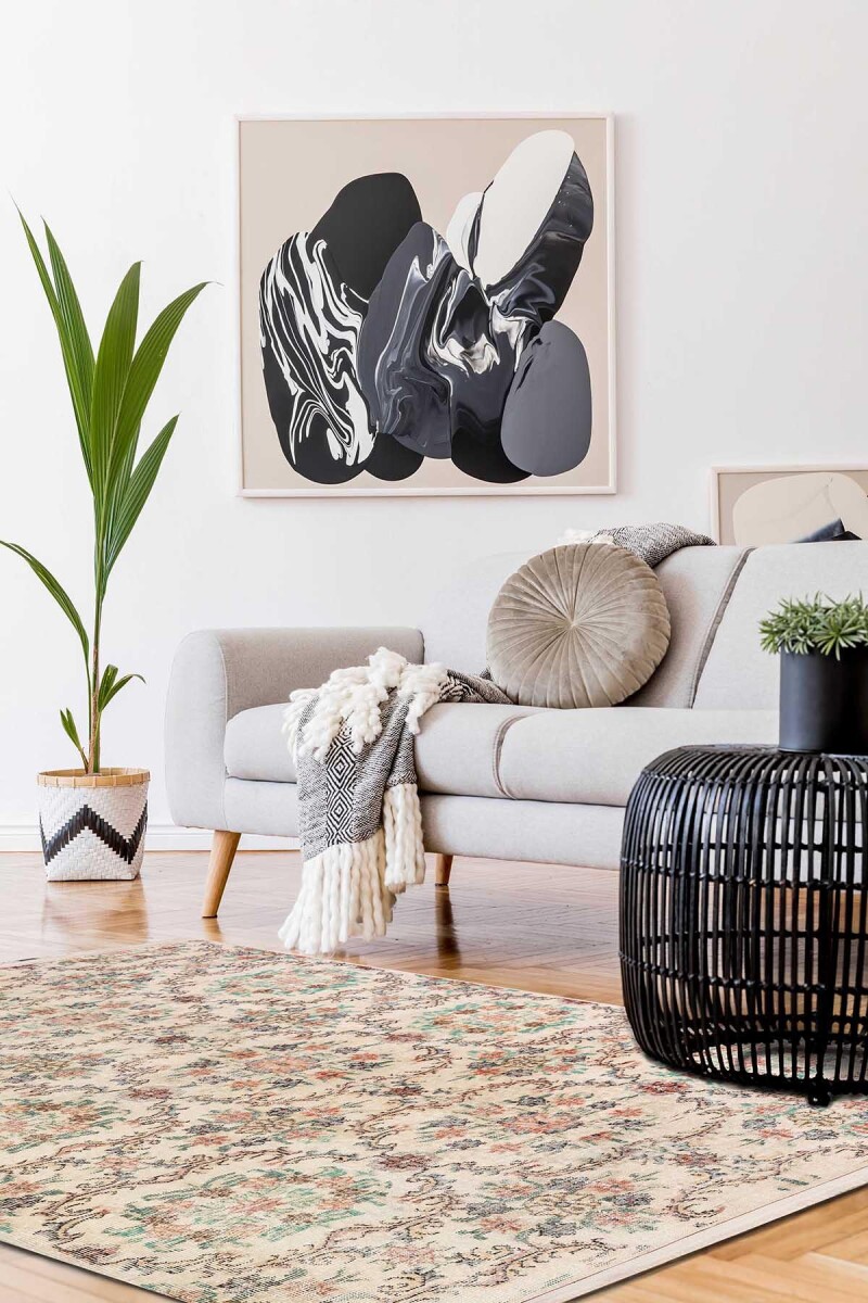 Vintage Desen Pamuk Taban Yıkanabilir Halı Krem - Frenda